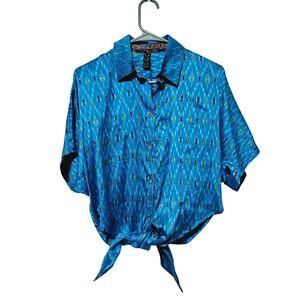 La Lo La 100% Silk Button-Up Sz M/L Tie Knot Waist Blue Vintage Lightweight Boho